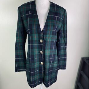 Amanda Smith women vintage plaid buttoned long  blazer pockets Sz 10 green multi